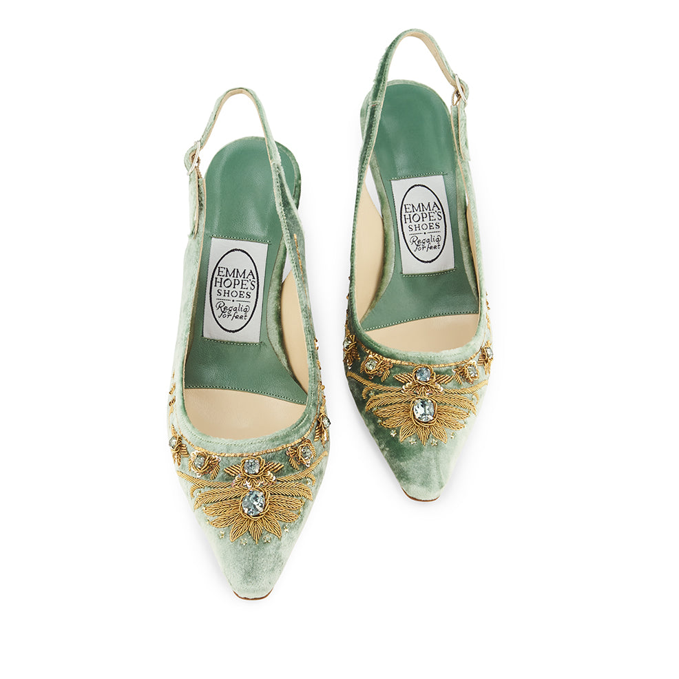 English Rosie High Sling - Sea Green Gold Velvet – Emma Hope shop