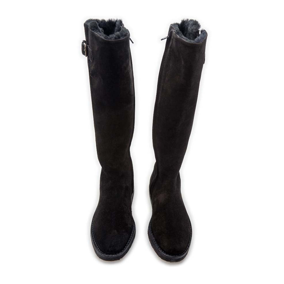 Shearling Buckle Long Boot Black Suede – Emma Hope shop