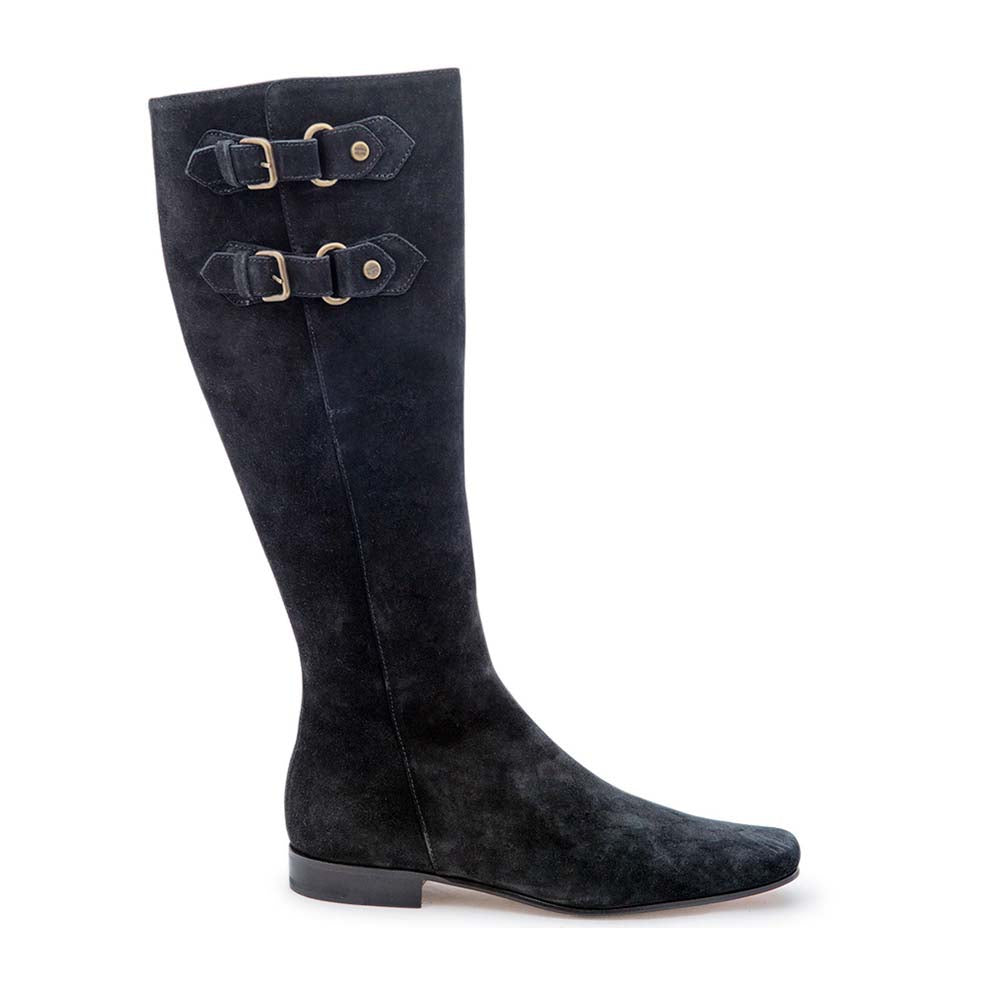 【NONCODE】Ned Buckle Suede Middle Boots Buckle-Down Side Buckle Detail Midi Calf Biker Boot In Black