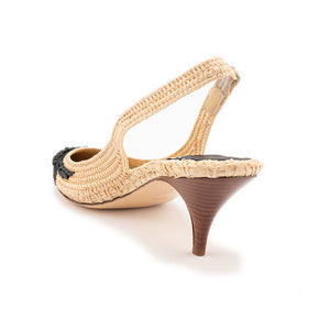 LEAF KNOTTED RAFFIA POINTY HEEL SLING-Natural-Black