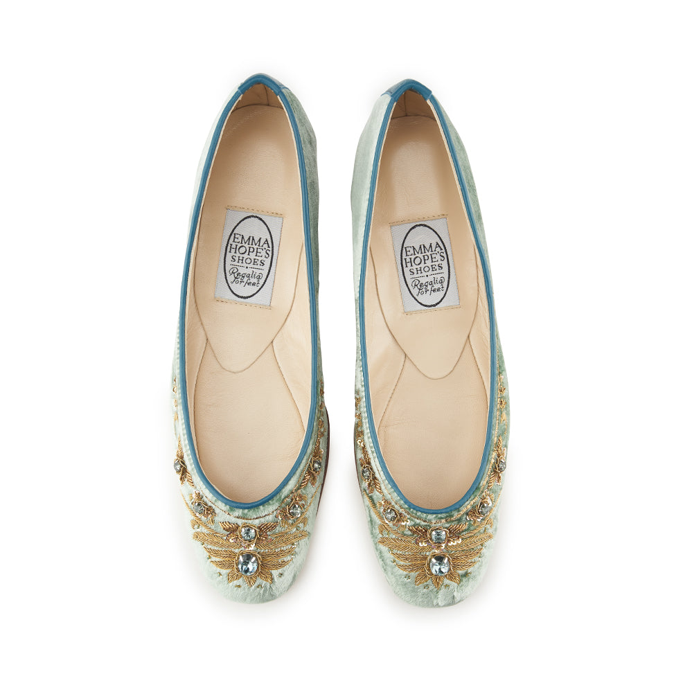 EMMA HOPE エマホープ　SHOES 刺繍 フラットシューズ English Rosie Ballet - Sea Green Gold Velvet – Emma Hope shop